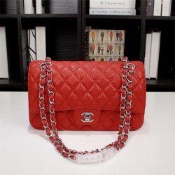 Chanel Classic Double Flap Quilted Caviar Medium Bag - Red with Silver Hardware