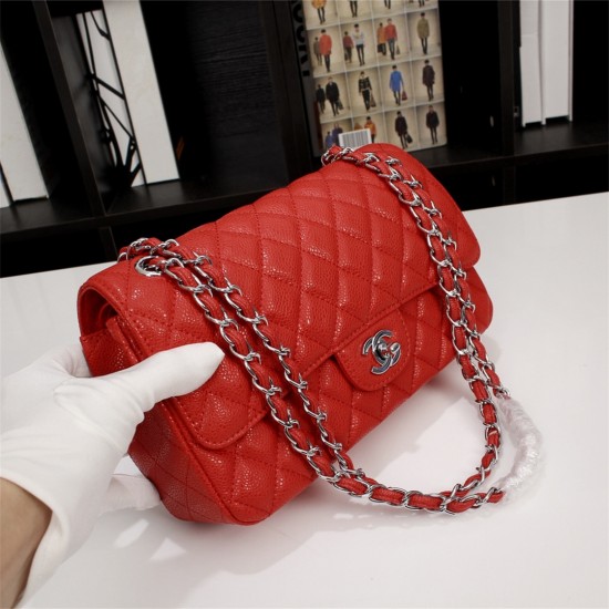 Chanel Classic Double Flap Quilted Caviar Medium Bag - Red with Silver Hardware