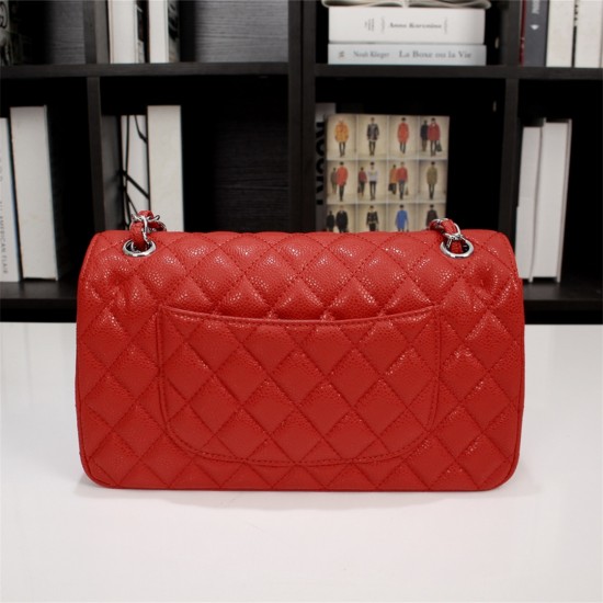 Chanel Classic Double Flap Quilted Caviar Medium Bag - Red with Silver Hardware