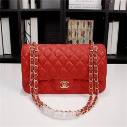 Chanel Classic Double Flap Quilted Caviar Medium Bag - Red with Gold Hardware