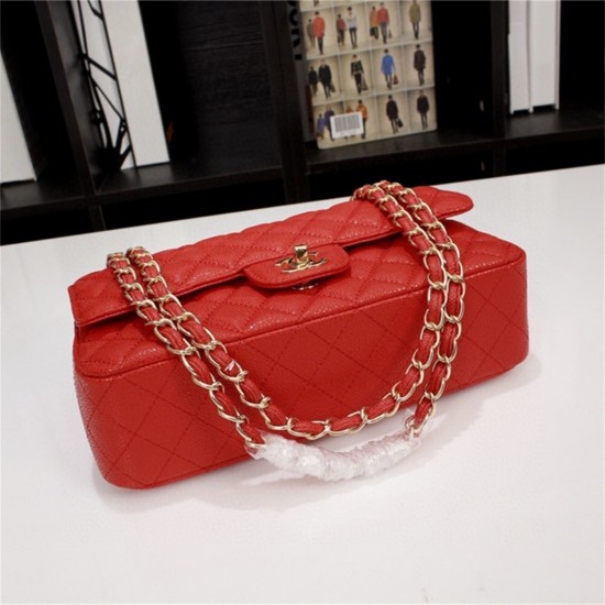 Chanel Classic Double Flap Quilted Caviar Medium Bag - Red with Gold Hardware