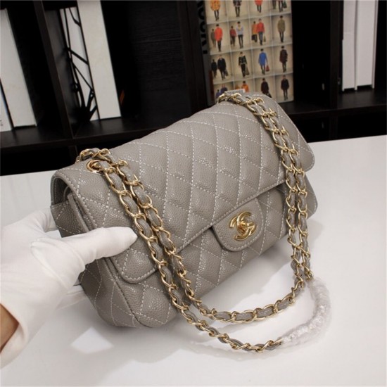 Chanel Classic Double Flap Quilted Caviar Medium Bag - Grey with Gold Hardware