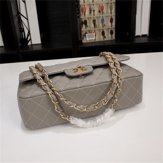 Chanel Classic Double Flap Quilted Caviar Medium Bag - Grey with Gold Hardware