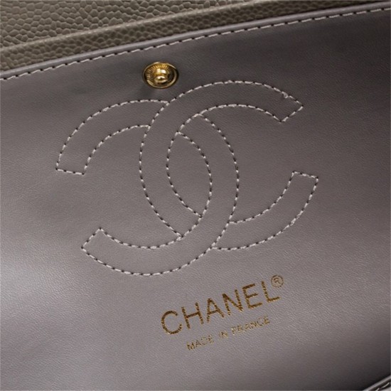 Chanel Classic Double Flap Quilted Caviar Medium Bag - Grey with Gold Hardware