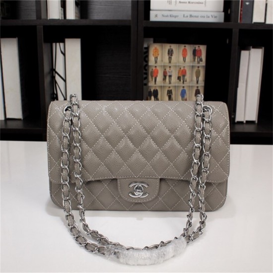 Chanel Classic Double Flap Quilted Caviar Medium Bag - Grey with Silver Hardware