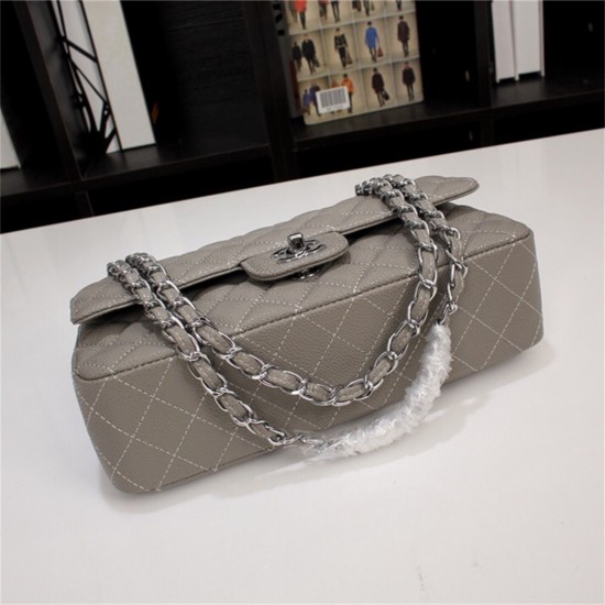 Chanel Classic Double Flap Quilted Caviar Medium Bag - Grey with Silver Hardware