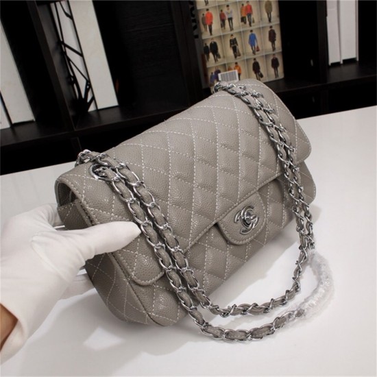 Chanel Classic Double Flap Quilted Caviar Medium Bag - Grey with Silver Hardware