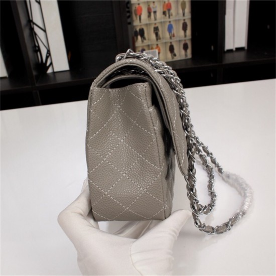 Chanel Classic Double Flap Quilted Caviar Medium Bag - Grey with Silver Hardware