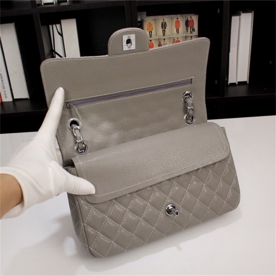 Chanel Classic Double Flap Quilted Caviar Medium Bag - Grey with Silver Hardware