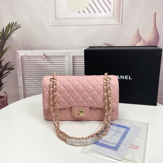 Chanel Classic Double Flap Quilted Caviar Medium Bag - Pink with Gold Hardware