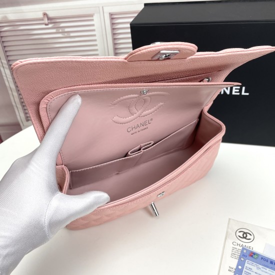 Chanel Classic Double Flap Quilted Caviar Medium Bag - Pink with Silver Hardware