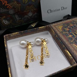 Dior La Petite Tribale CD Signature Star Detail White Pearl Asymmetric Drop Earrings