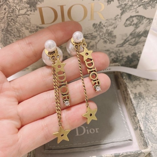 Dior La Petite Tribale CD Signature Star Detail White Pearl Asymmetric Drop Earrings