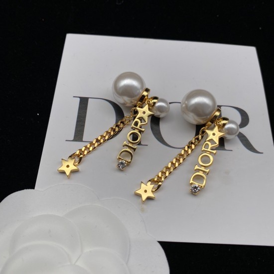 Dior La Petite Tribale CD Signature Star Detail White Pearl Asymmetric Drop Earrings