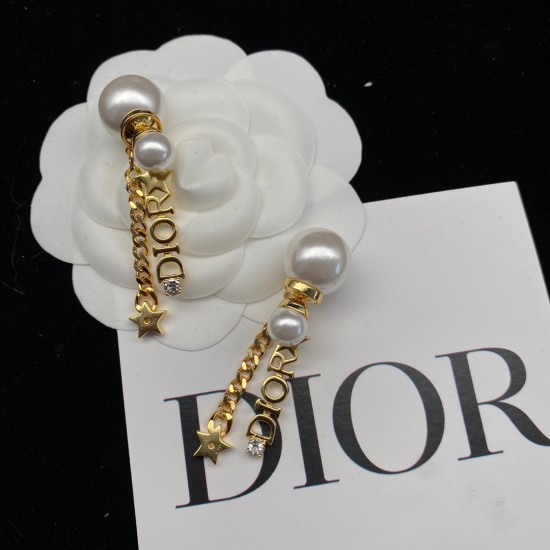 Dior La Petite Tribale CD Signature Star Detail White Pearl Asymmetric Drop Earrings