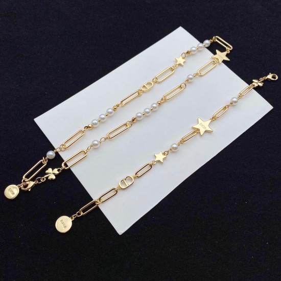 Dior LOGO And Star Pendants Classic Yellow Gold Plated Women White Pearl Hoop Jewel Set