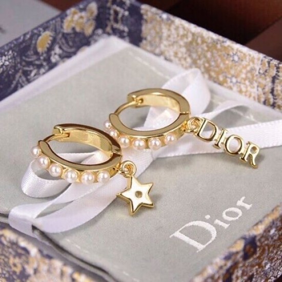 Dior LOGO And Star Pendants Classic Yellow Gold Plated Women White Pearl Hoop Jewel Set