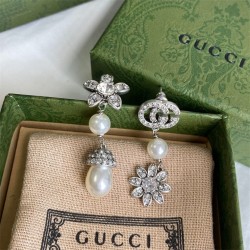 Gucci Interlocking G Flower With Diamonds Pearl Earrings