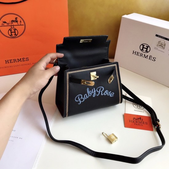 Hermes Embroidered Kelly Bag Black