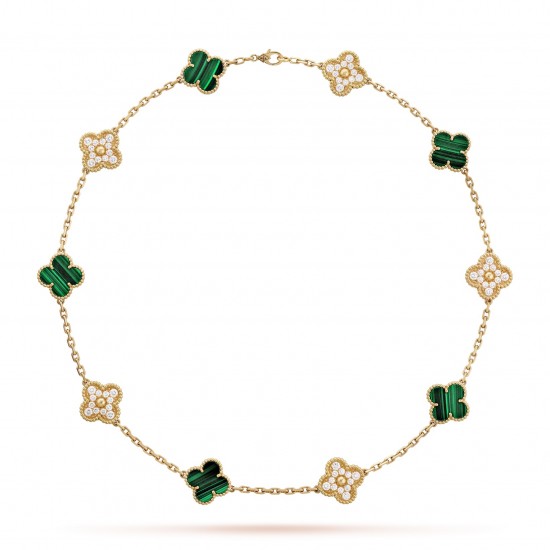 Van Cleef & Arpels Vintage Alhambra Necklace, 10 Motifs With Pave Diamonds And Mother-of-pearl