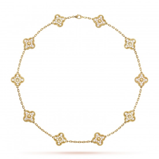 Van Cleef & Arpels Vintage Alhambra Necklace, 10 Motifs With Pave Diamonds