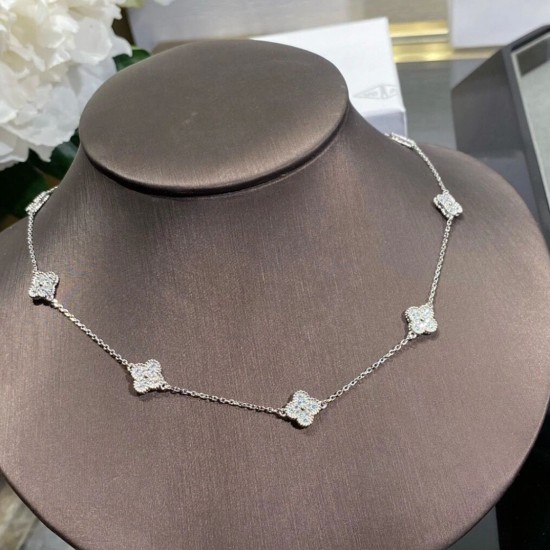 Van Cleef & Arpels Vintage Alhambra Necklace, 10 Motifs With Pave Diamonds