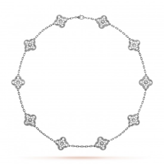 Van Cleef & Arpels Vintage Alhambra Necklace, 10 Motifs With Pave Diamonds