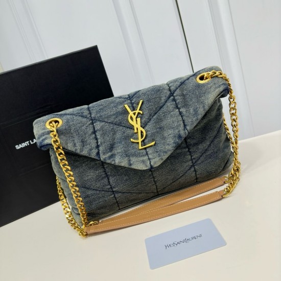 YSL Loulou Puffer Shoulder Bag Quilted Vintage Denim