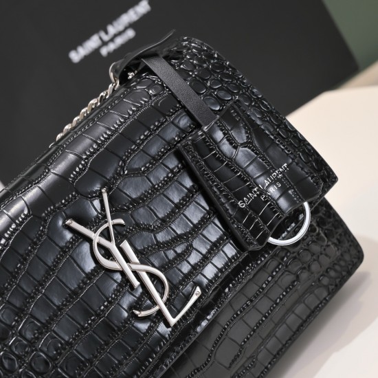 YSL Sunset Monogram Croc-Embossed Leather Shoulder Bag