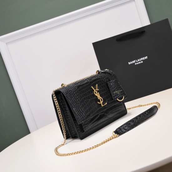 YSL Sunset Monogram Croc-Embossed Leather Shoulder Bag