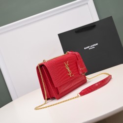 YSL Sunset Monogram Croc-Embossed Leather Shoulder Bag