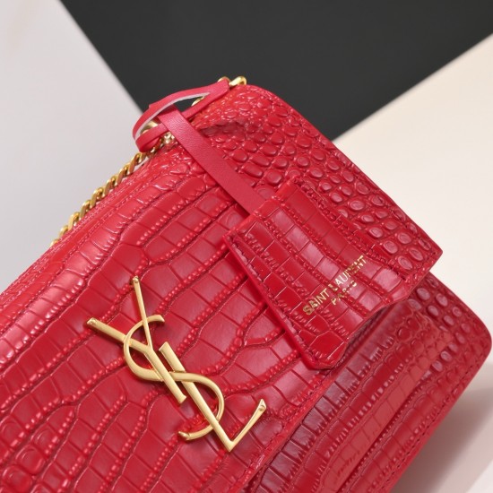 YSL Sunset Monogram Croc-Embossed Leather Shoulder Bag