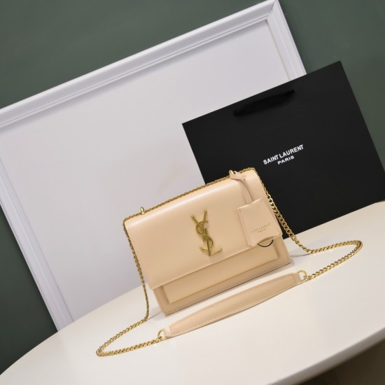 YSL Sunset Crossbody Bag in Beige Smooth Leather